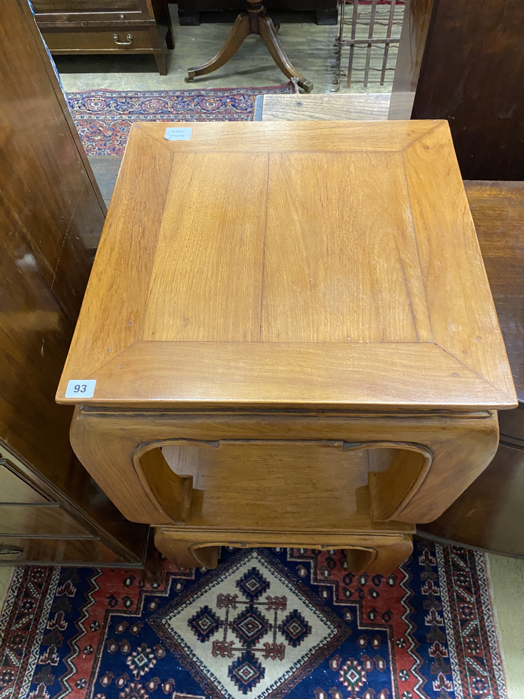 A pair of Chinese square hardwood occasional tables, width 53cm, height 51cm